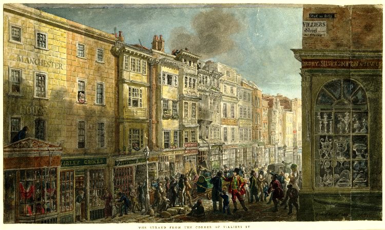 A watercolour illustration by Scharf shows shops in Strand, c1820.