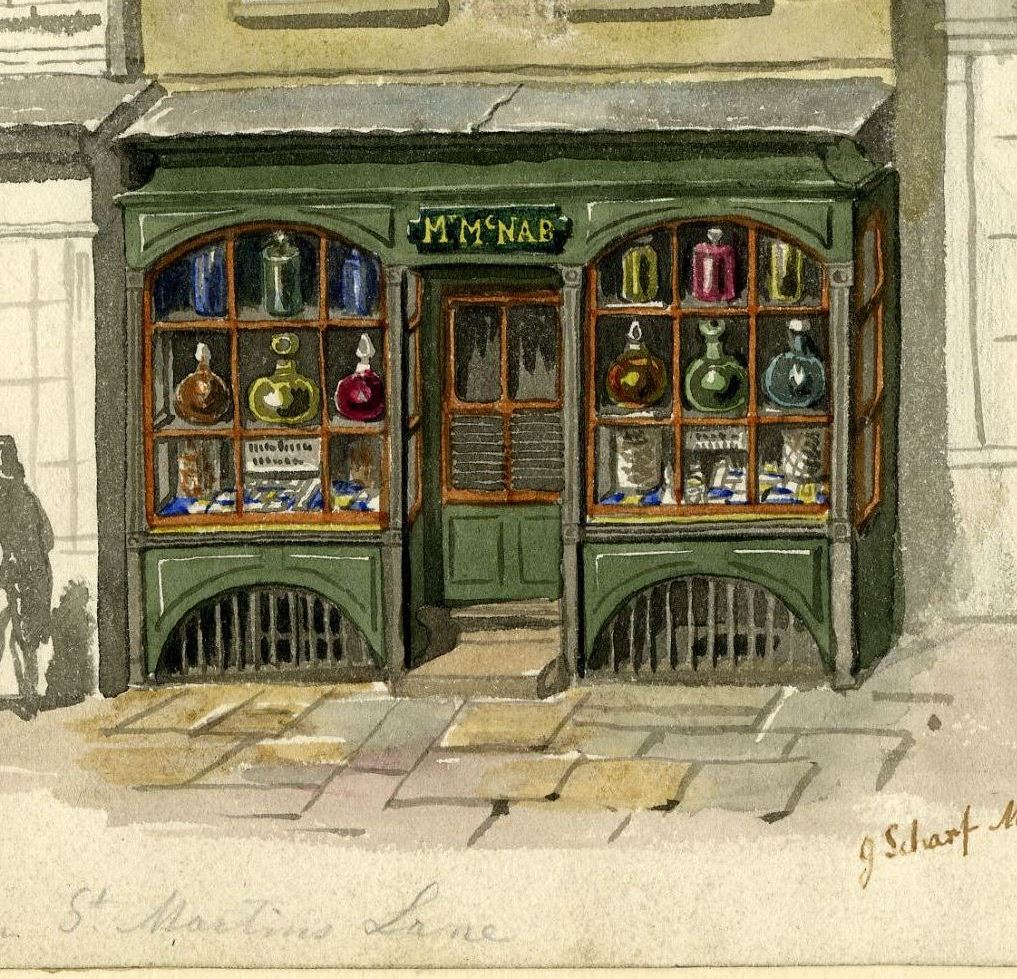 A shopfront in St Martin’s Lane, illustrated in watercolour by Scharf, c1820.